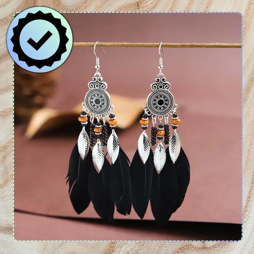 Kolczyki etniczne długie boho wiszące pióra czarne na Arena.pl