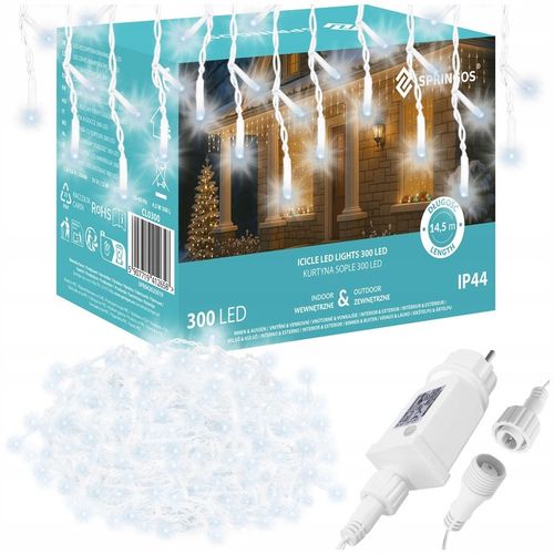 LAMPKI CHOINKOWE 300LED ZEWNĘTRZNE SOPLE KURTYNA 14,5m ZIMNE BIAŁE GIRLANDA na Arena.pl