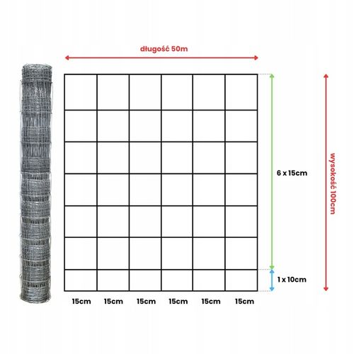 SIATKA LEŚNA ogrodzeniowa 100cm 8/15 L - ROLKA 50m - GRUBY DRUT OCYNKOWANA na Arena.pl