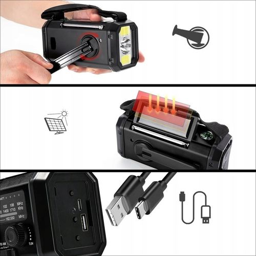 PRZENOŚNE RADIO SOLARNE KORBKA ALARM DYNAMO AWARYJNE LATARKA 10000mAh na Arena.pl