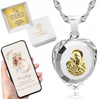 Srebrny łańcuszek z medalikiem na KOMUNIĘ CHRZEST Matka Boska na PREZENT