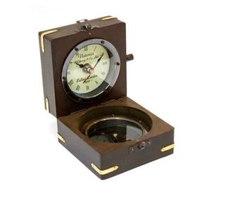 Zegar i kompas mosiężny w pudełku drewnianym