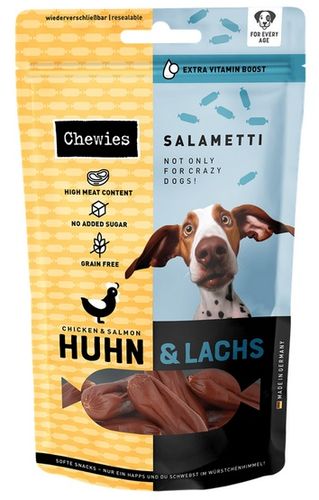 Smaczna kiełbaska dla psa - przysmak Chewies Salametti kurczak i łosoś 200g na Arena.pl
