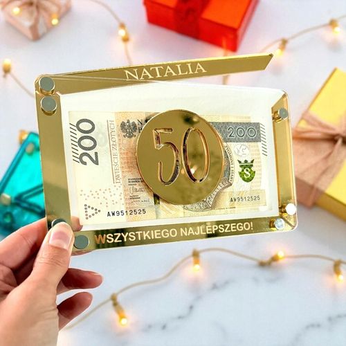 KARTKA KOPERTA PUDEŁKO NA PIENIĄDZE URODZINY IMIĘ + LICZBA ZŁOTA RAMKA na Arena.pl