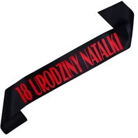 18 urodziny + imię - czarna szarfa z czerwonym nadrukiem