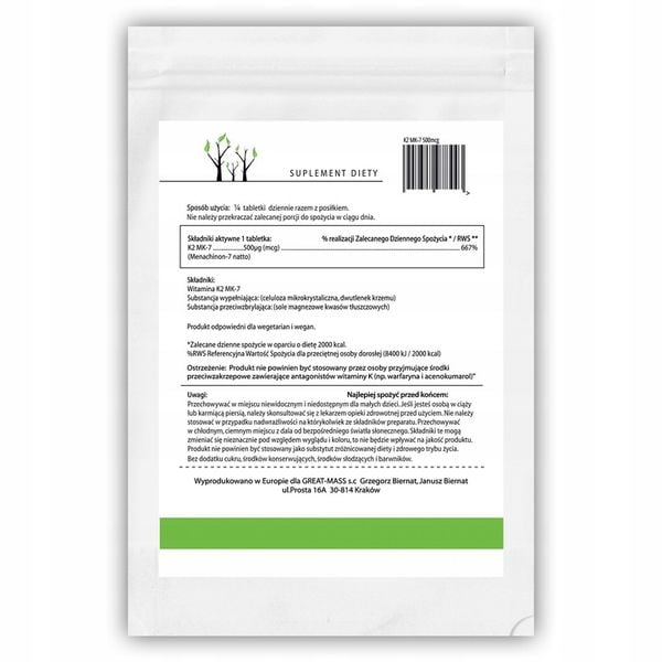 FOREST WITAMINA K2 MK-7 500mcg 100 tab NATURALNA zdjęcie 6