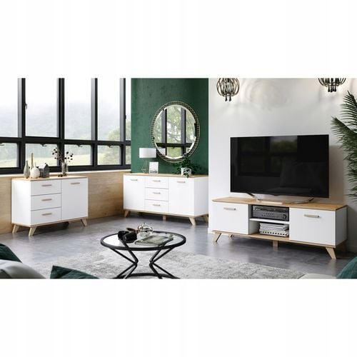 Komoda Szafka RTV 100cm Biały MAT DĄB Wotan Szuflady 2 Drzwi Salon na Arena.pl