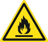 Znak Ostrzeżenie przed substancjami łatwopalnymi grawerowana 10x10 cm
