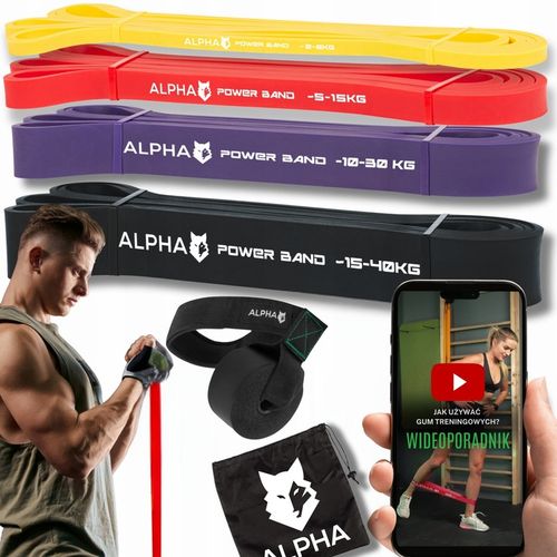 Zestaw 4 Gum Oporowych do Ćwiczeń z Uchwytem Gratis - Power Band ALPHA na Arena.pl
