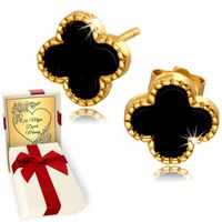 Złote Kolczyki 925/585 Koniczynki Marokańskie Czarne Onyks Wkrętki na Lato