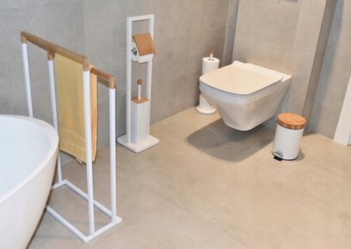 Stojak na papier toaletowy i szczotka DO ŁAZIENKI do WC biała bambus 2w1 na Arena.pl