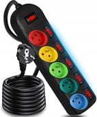 PRZEDŁUŻACZ LISTWA ZASILAJĄCA 1.5M 5 GNIAZD Z WYŁĄCZNIKAMI KOLOROWE