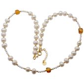 Naszyjnik perły, bursztyn i srebro złocone 24K – ręcznie wykonany