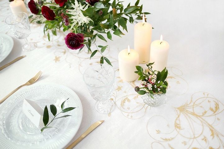 Organza Bieżnik Kremowa Złoty Wzór Dekoracja Stołu Komunia Chrzest Wesele zdjęcie 7