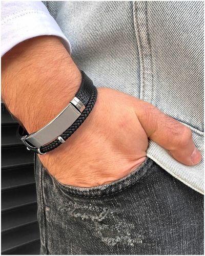 Bransoletka męska SKÓRZANA z GRAWEREM srebrna STAL prezent + GRAWER GRATIS na Arena.pl