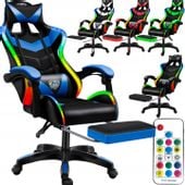 Fotel LED z MASAŻEM pleców GAMINGOWY komputerowy OBROTOWY gracza +PODNÓŻEK!