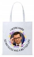 Mateusz Morawiecki Pis Torba Eco Biała Shopper Z Nadrukiem Ze Zdjęciem