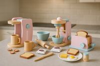 Drewniany Sprzęt Kuchenny AGD - Różowy Zestaw Ekspres Toster Mikser