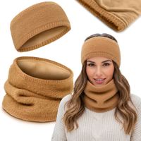 DWUSTRONNY Komplet Damski OPASKA i KOMIN Zestaw Zimowy z Polarem KARMELOWY