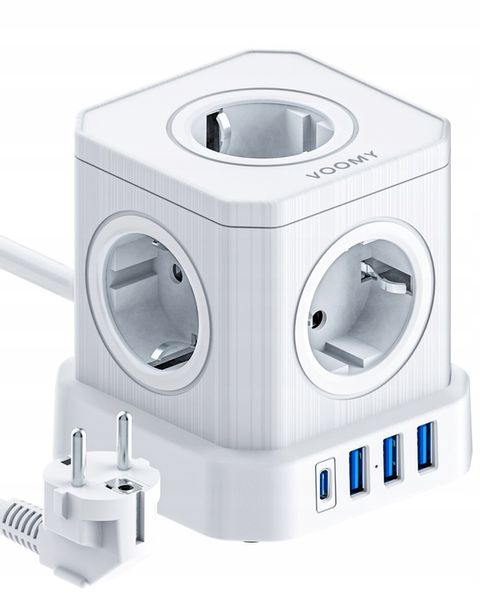 Biały Listwa Zasilająca Voomy PowerCube S6 z Jednym USB-C i Trzema USB-A zdjęcie 1