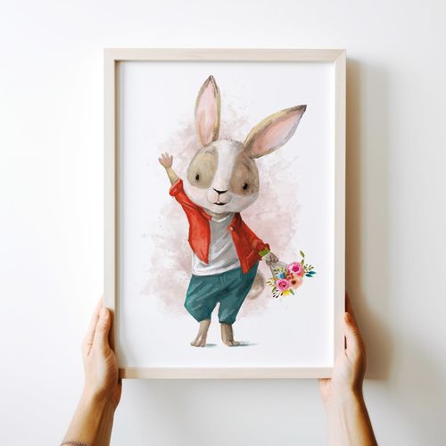 Plakat zając z bukietem kwiatów 21x29,7 cm A4 na Arena.pl