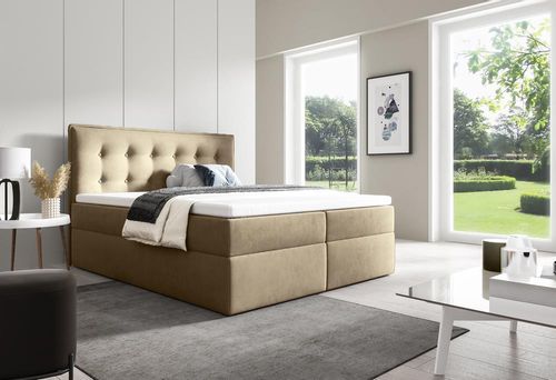 Stylowe łóżko kontynentalne z pojemnikiem na pościel do sypialni FOCUS beżowe 160x200 na Arena.pl