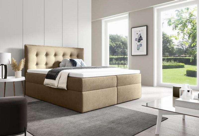 Stylowe łóżko kontynentalne z pojemnikiem na pościel do sypialni FOCUS beżowe 160x200 zdjęcie 1