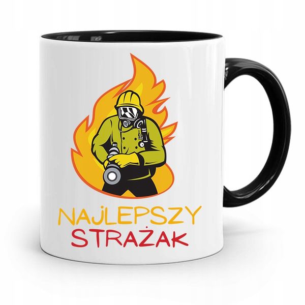 Kubek Czarny Dla Strażaka Najlepszy Strażak Z Nadrukiem Ze Zdjęciem zdjęcie 1