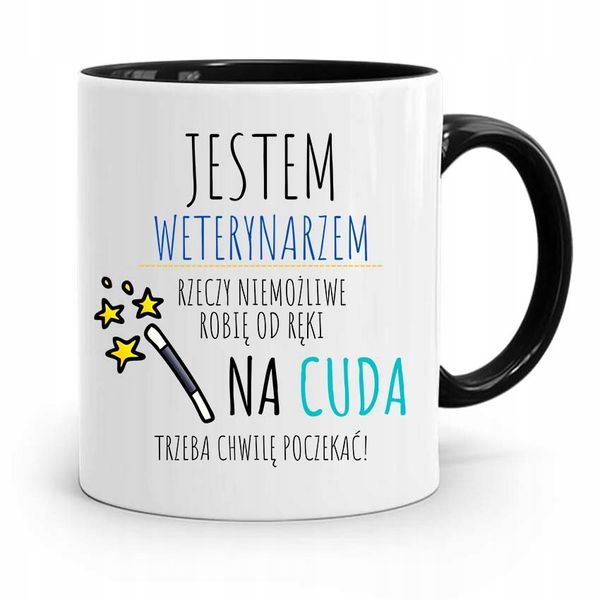 Kubek Czarny Weterynarza Na Cuda Trzeba Poczekać Z Nadrukiem Ze Zdjęciem zdjęcie 1