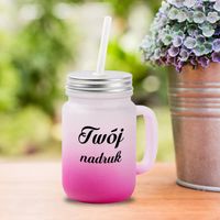 Kubek Mason Jar z uszkiem z mrożonego szkła z fioletowym dnem z Twoim nadrukiem