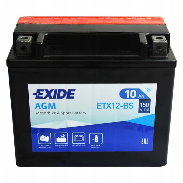 EXIDE ETX12-BS / YTX12-BS 12V 10Ah 150A L+ zdjęcie 2
