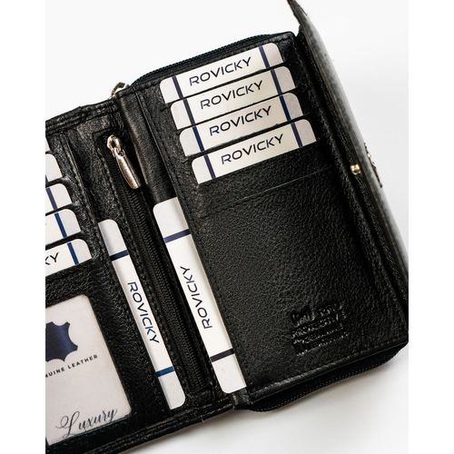 modny, skórzany portfel damski na zatrzask w czarnym kolorze - rovicky na Arena.pl