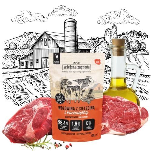 karma mokra dla kota wołowina z cielęciną i kocimiętka 100g wiejska zagroda na Arena.pl