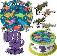 ZESTAW OPŁATEK NA TORT 30CM + 17 POSTACI - DINOZAUR + IMIĘ 24CM 26CM