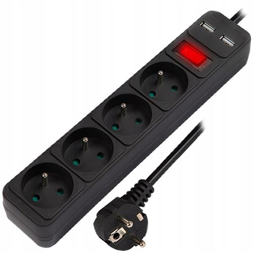 PRZEDŁUŻACZ LISTWA ZASILAJĄCA WŁĄCZNIK GRUBY SZNUR 3M 4 GNIAZDA 2xUSB na Arena.pl