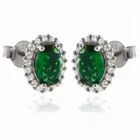 OWALNE RODOWANE SREBRNE KOLCZYKI WKRĘTKI SZMARAGDOWE I BIAŁE CYRKONIE