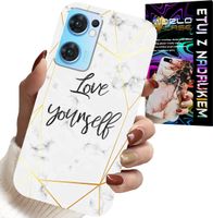 ETUI DO OPPO RENO7 5G - BIAŁY MARMUREK W ZŁOTE RAMKI LOVE YOU