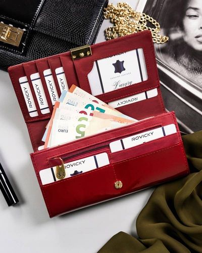 duży, pojemny portfel damski ze skóry lakierowanej na zatrzask - rovicky na Arena.pl