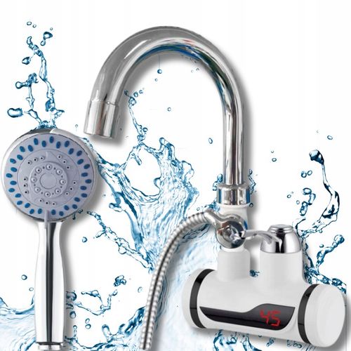 PODGRZEWACZ WODY PRZEPŁYWOWY KRAN ŚCIANA LCD 3000 Z PRYSZNICEM MONTAŻ + na Arena.pl