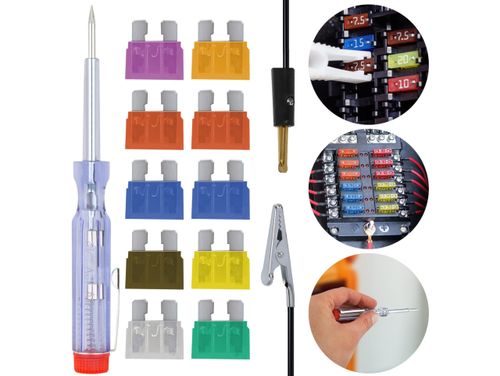 Próbnik miernik napięcia 130mm śrubokręt 6-24v + bezpieczniki zestaw na Arena.pl