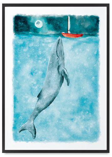 Plakat wieloryb ocean statek pokój dziecka 30x40 cm w czarnej ramie na Arena.pl