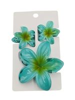 Zestaw trzech spinek klamra plastikowa kwiatek hawajski niebiesko-żółty 8cm