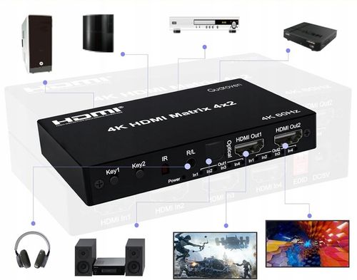 Matrix HDMI Switch Splitter 4x2 4K HDCP Rozdzielacz Toslink Jack + Pilot IR na Arena.pl