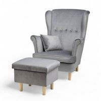 Szary Fotel Uszak + Podnóżek ze schowkiem + Poduszka