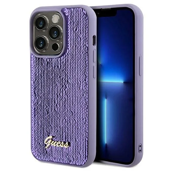 Etui Guess Sequin Script Metal na iPhone 14 Pro - fioletowe zdjęcie 1