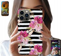 ETUI DO IPHONE 13 PRO - KWIATKI W CZARNO - BIAŁE PASKI WZORY