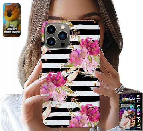 ETUI DO IPHONE 13 PRO - KWIATKI W CZARNO - BIAŁE PASKI WZORY na Arena.pl