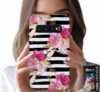 ETUI DO SAMSUNG GALAXY S10 PLUS - KWIATKI W CZARNO - BIAŁE PASKI WZORY