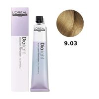 Loreal Dia Light farba do włosów farbowanych i uwrażliwionych, koloryzacja kwasowa ton w ton, bez amoniaku, 50ml 9.03 bardzo jasny blond naturalny złocisty milkshake