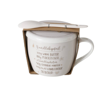 KUBEK PORCELANOWY Z NAPISEM BEŻOWY Z POKRYWKĄ I ŁYŻECZKĄ BAKERY 600 ML